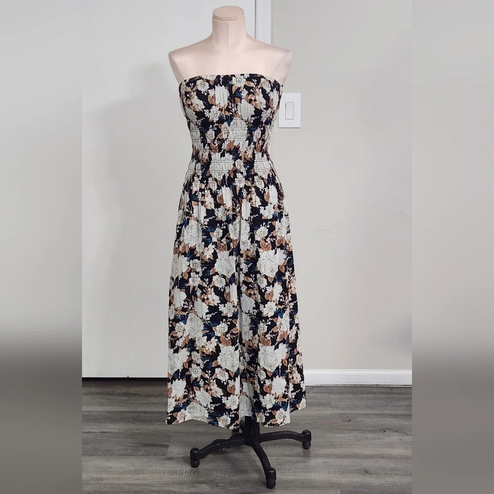 Abercrombie & Fitch Black Floral Strapless Maxi Dress